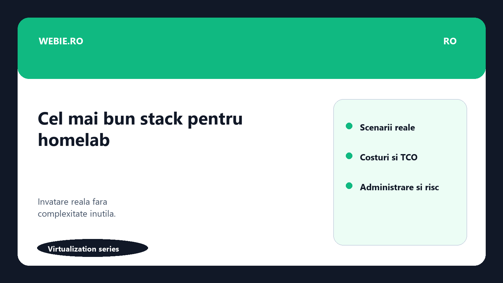 Ilustratie editoriala pentru Cel mai bun stack de virtualizare pentru homelab in 2026: ce merita daca vrei sa inveti, nu doar sa pornesti VM-uri