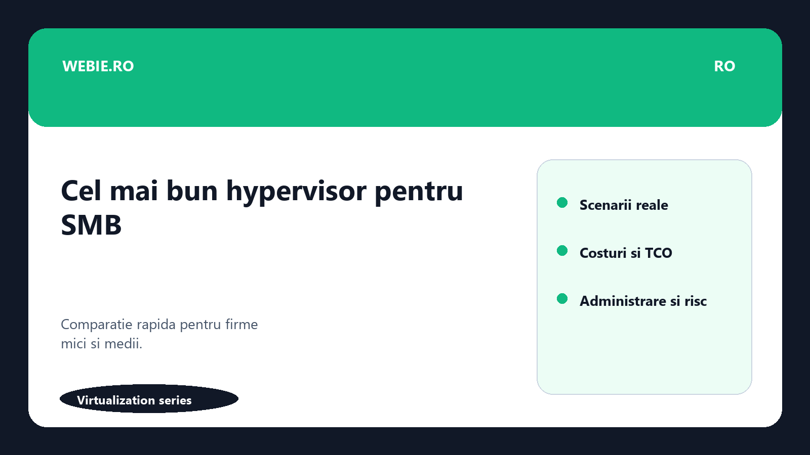 Ilustratie editoriala pentru Cel mai bun hypervisor pentru un SMB in 2026: cum alegi fara sa transformi proiectul intr-o bataie de cap
