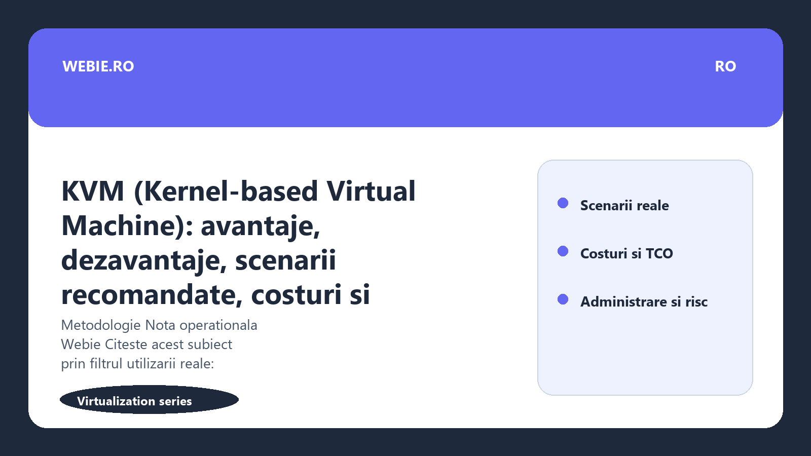 Ilustratie editoriala pentru KVM (Kernel-based Virtual Machine): avantaje, dezavantaje, scenarii recomandate, costuri si dificultate de