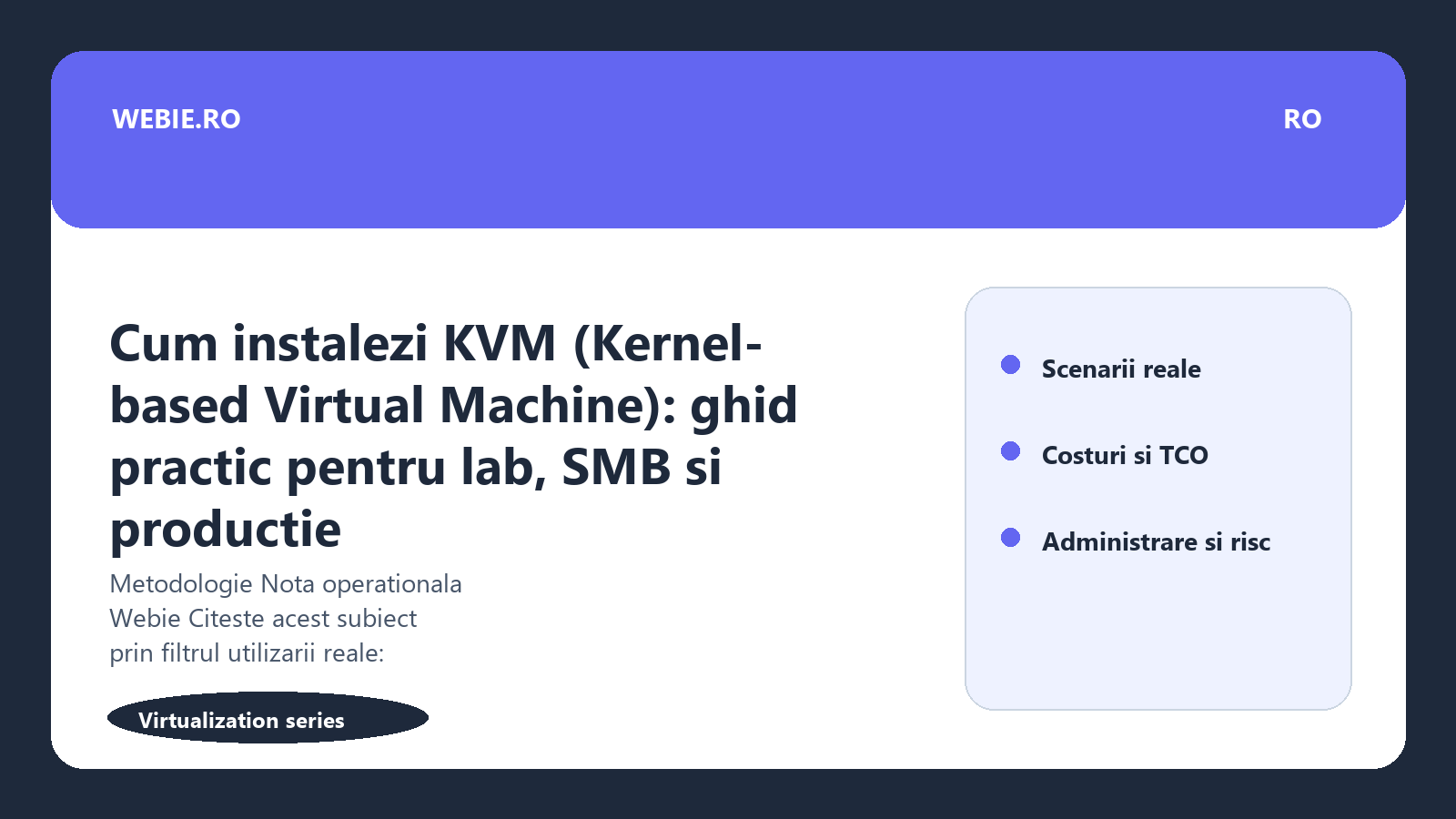 Ilustratie editoriala pentru Cum instalezi KVM (Kernel-based Virtual Machine): ghid practic pentru lab, SMB si productie