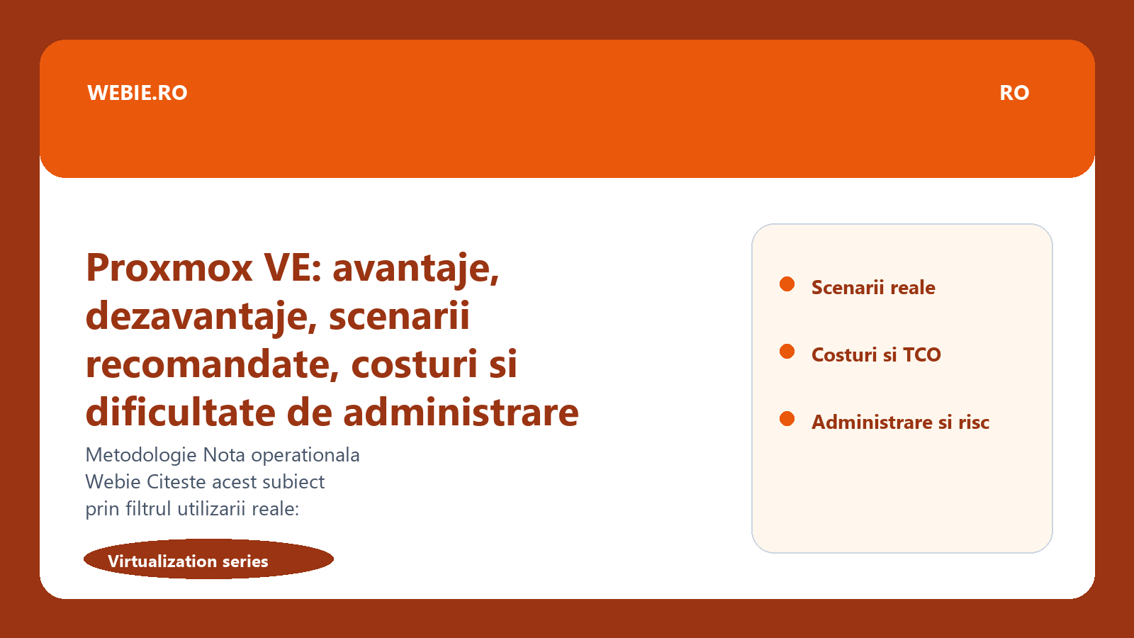 Ilustratie editoriala pentru Proxmox VE: avantaje, dezavantaje, scenarii recomandate, costuri si dificultate de administrare