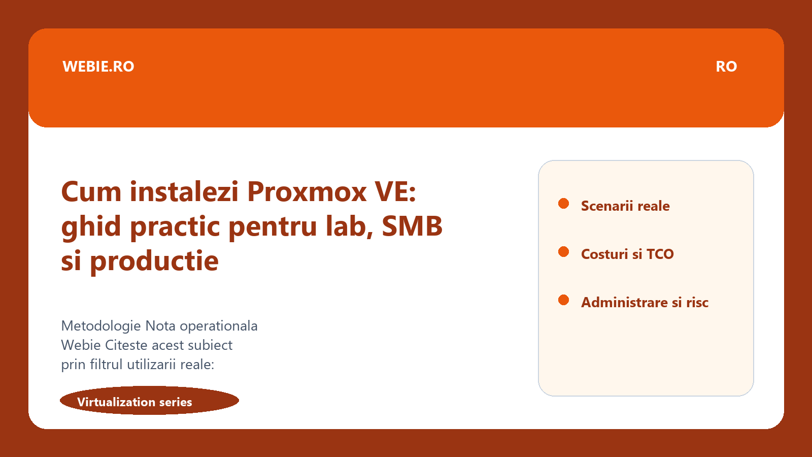 Ilustratie editoriala pentru Cum instalezi Proxmox VE: ghid practic pentru lab, SMB si productie