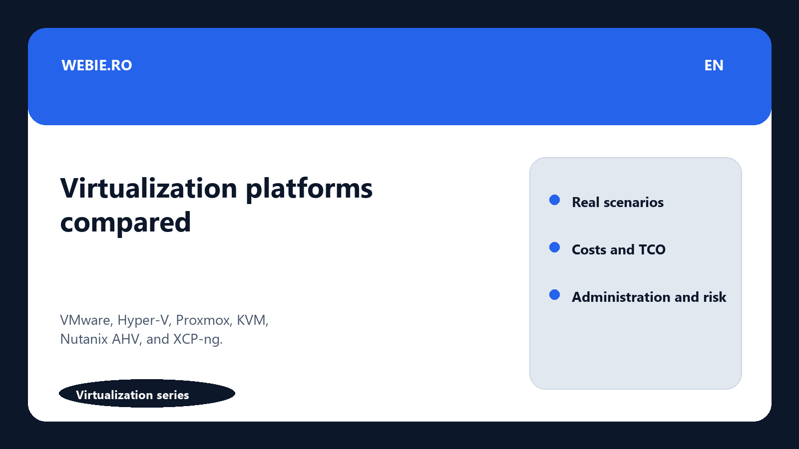 Complete 2026 comparison: VMware vSphere / ESXi vs Hyper-V vs Proxmox VE vs KVM vs Nutanix AHV vs XCP-ng / Xen Orchestra
