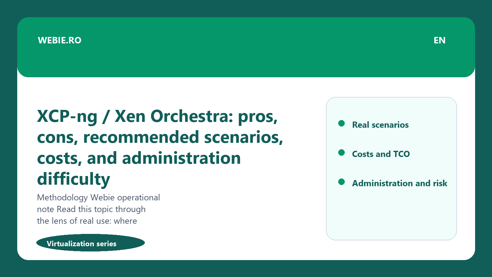 Editorial illustration for XCP-ng / Xen Orchestra: pros, cons, recommended scenarios, costs, and administration difficulty